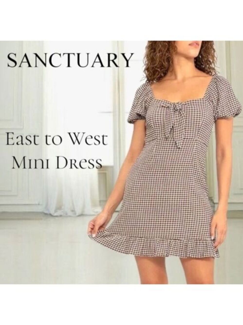 SANCTUARY East To West Empire Waist Gingham Check Short Puff Sleeve Mini Dress